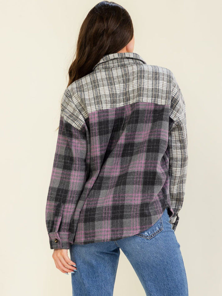 ENTRO WOMEN'S LONG SLEEVE V-NECK COLORBLOCK PLAID SHIRT
