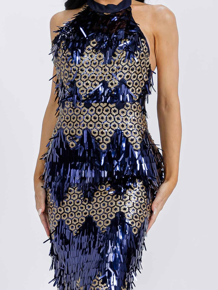 WOMEN'S SLEEVELESS HALTER NECK OPEN BACK BODYCON SEQUINS MIDI DRESS