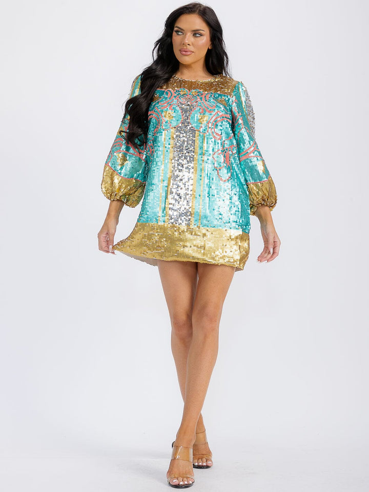 WOMEN'S LONG SLEEVE SEQUINS COLORBLOCK TUNIC MINI DRESS