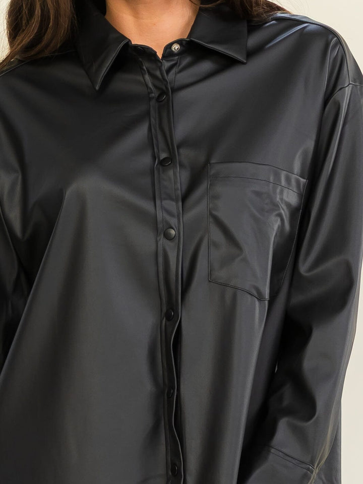 ENTRO WOMEN'S LONG SLEEVE BUTTON UP FRONT POCKET PU PLEATHER SHACKET