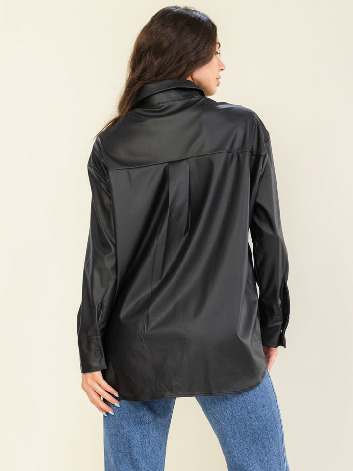 ENTRO WOMEN'S LONG SLEEVE BUTTON UP FRONT POCKET PU PLEATHER SHACKET