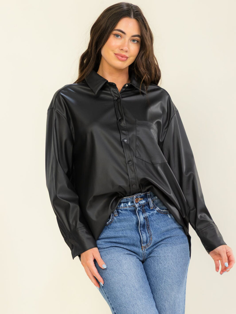 ENTRO WOMEN'S LONG SLEEVE BUTTON UP FRONT POCKET PU PLEATHER SHACKET