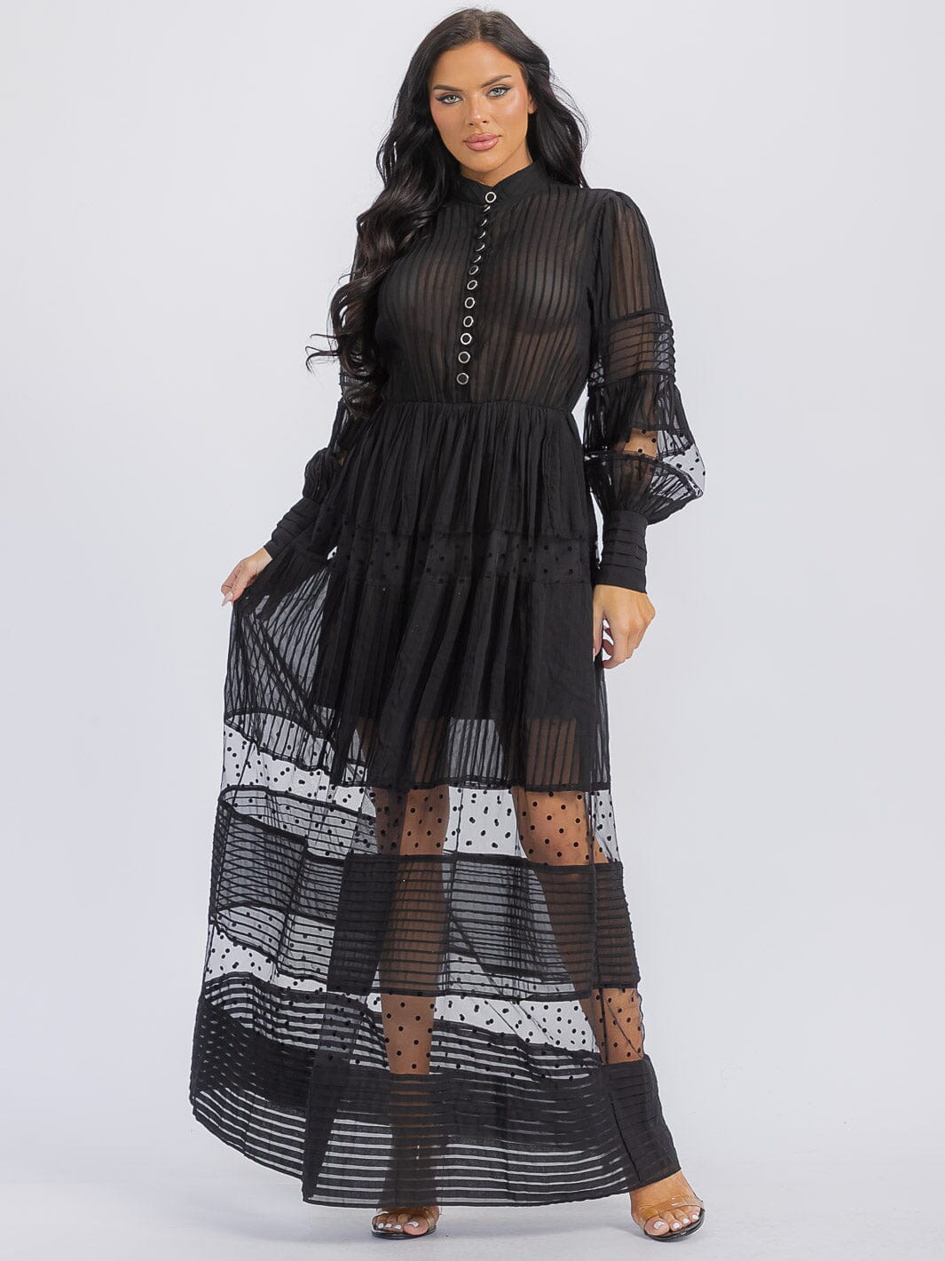 WOMEN'S LONG SLEEVE BUTTON UP MESH MAXI DRESS
