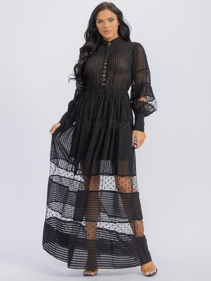 WOMEN'S LONG SLEEVE BUTTON UP MESH MAXI DRESS