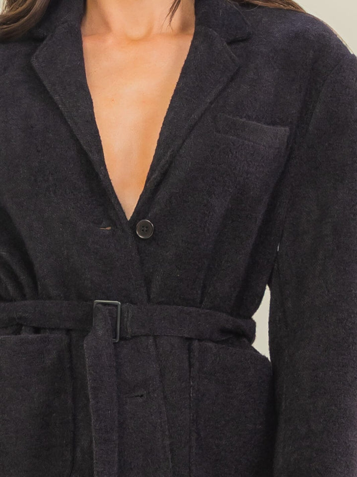 WOMEN'S LONG SLEEVE BUTTON CLOSURE FRONT POCKETS BELTED JACKET