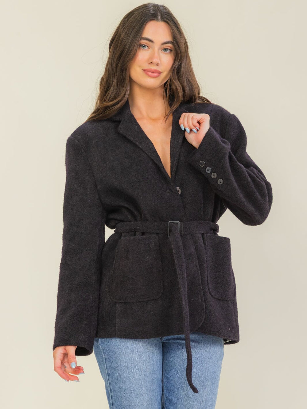 WOMEN'S LONG SLEEVE BUTTON CLOSURE FRONT POCKETS BELTED JACKET