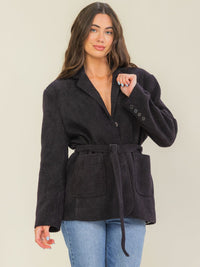 WOMEN'S LONG SLEEVE BUTTON CLOSURE FRONT POCKETS BELTED JACKET