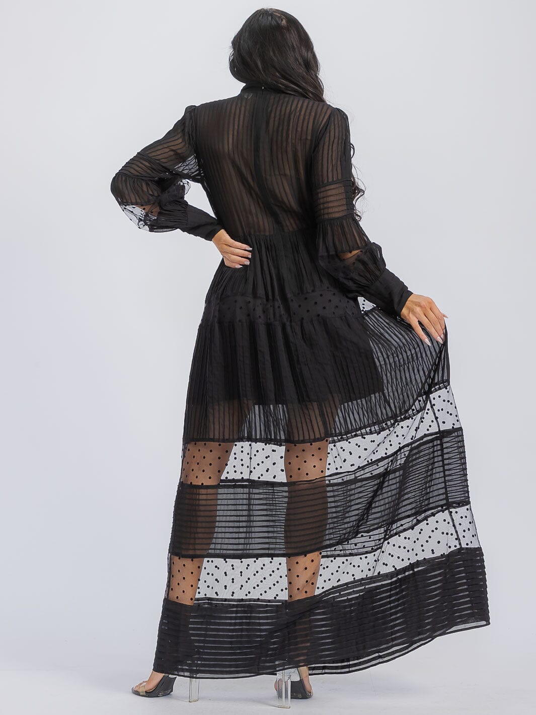 WOMEN'S LONG SLEEVE BUTTON UP MESH MAXI DRESS