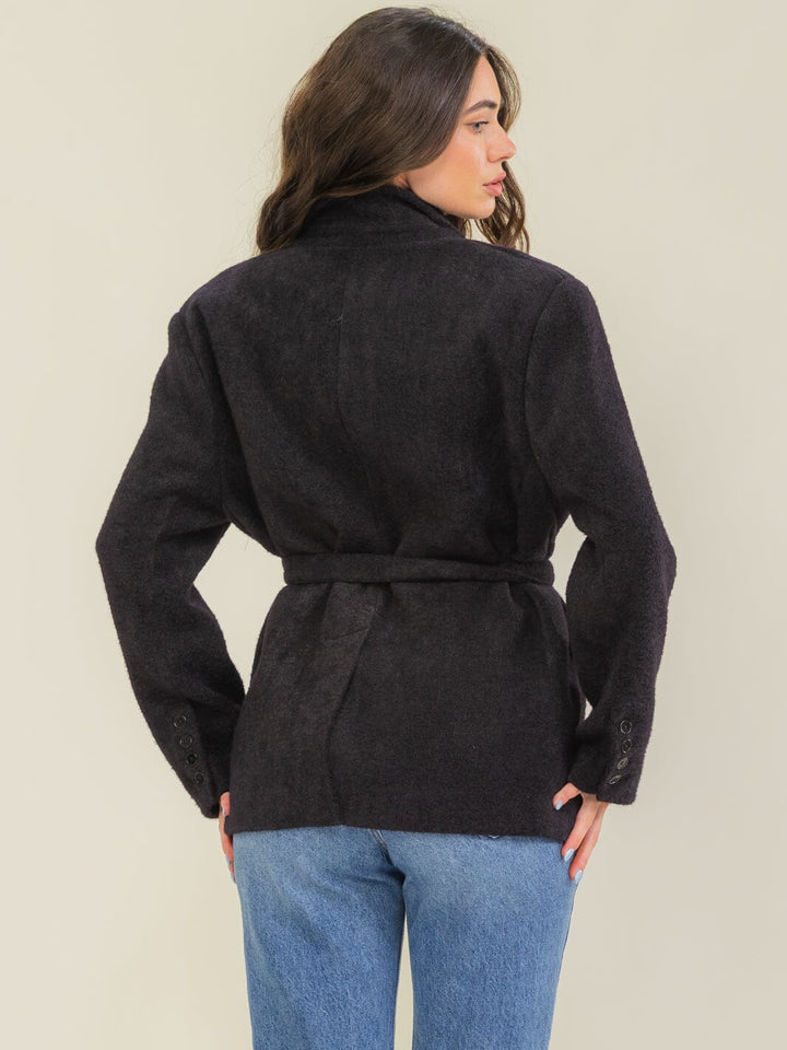 WOMEN'S LONG SLEEVE BUTTON CLOSURE FRONT POCKETS BELTED JACKET