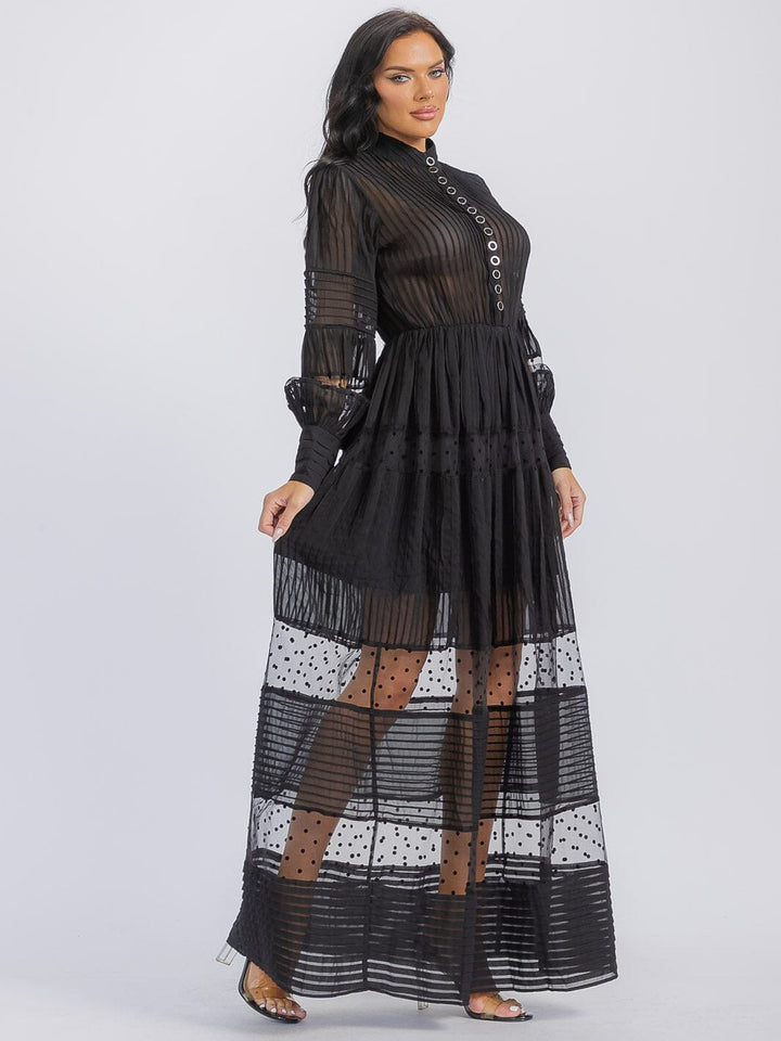 WOMEN'S LONG SLEEVE BUTTON UP MESH MAXI DRESS