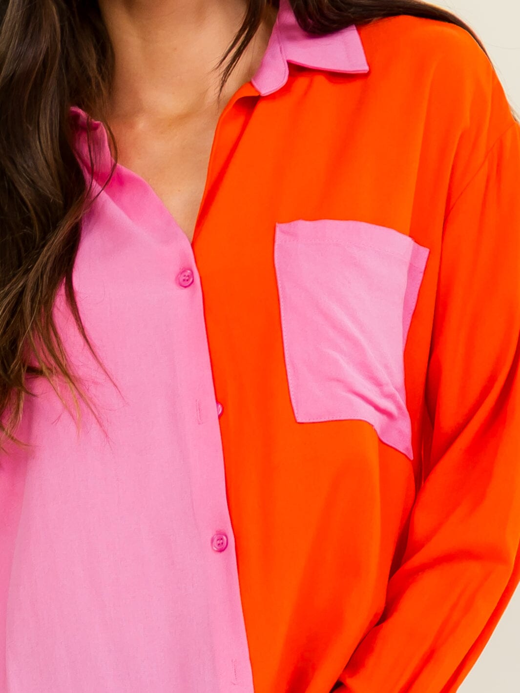 ENTRO WOMEN'S LONG SLEEVE BUTTON UP FRONT POCKET COLORBLOCK BLOUSE