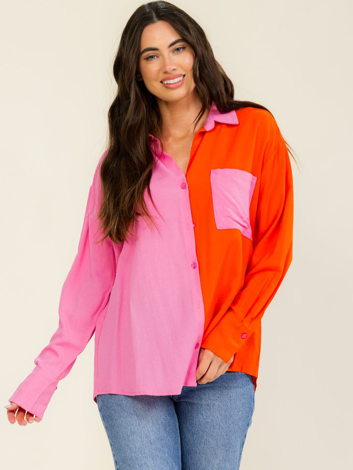 ENTRO WOMEN'S LONG SLEEVE BUTTON UP FRONT POCKET COLORBLOCK BLOUSE
