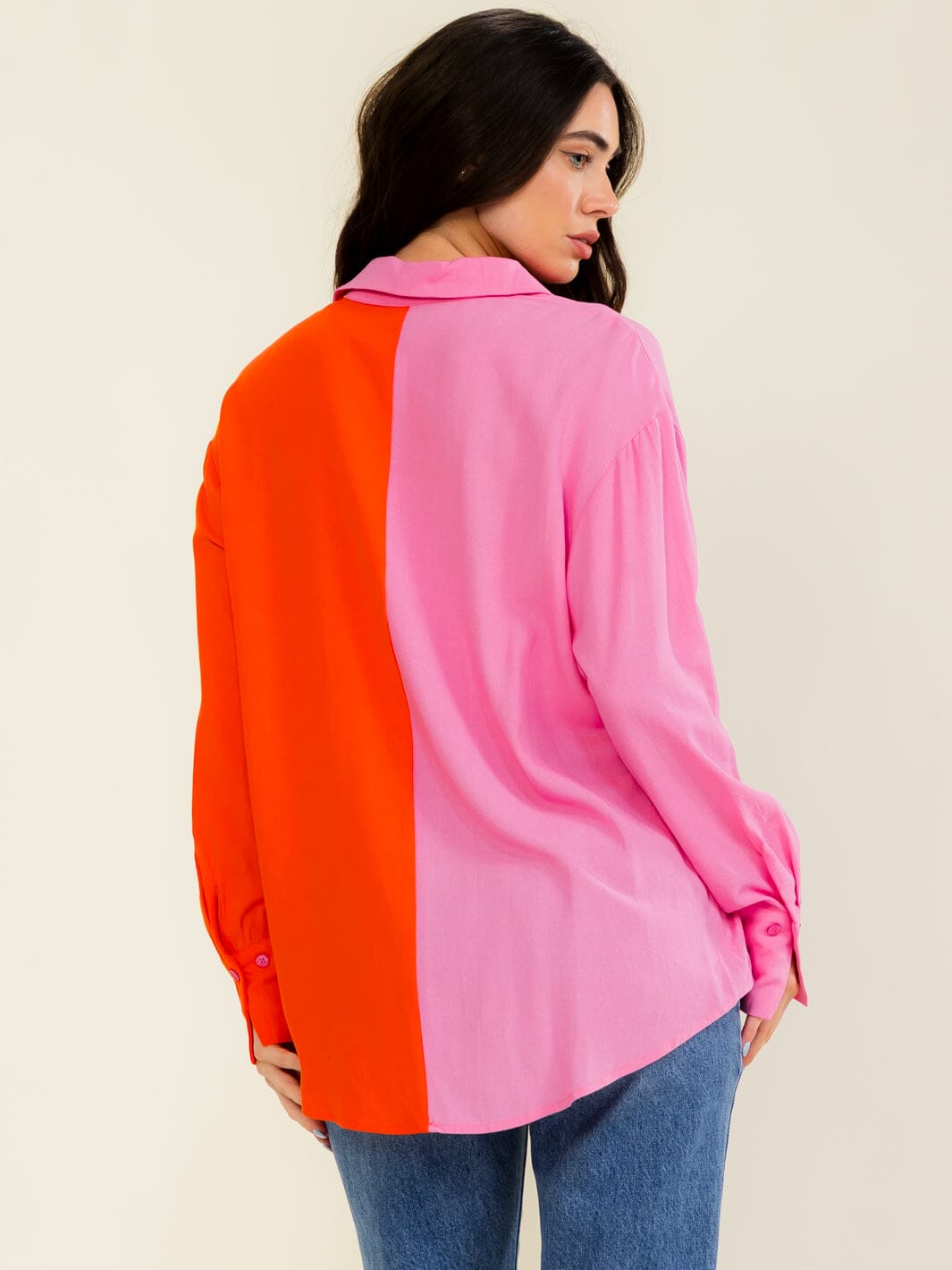 ENTRO WOMEN'S LONG SLEEVE BUTTON UP FRONT POCKET COLORBLOCK BLOUSE
