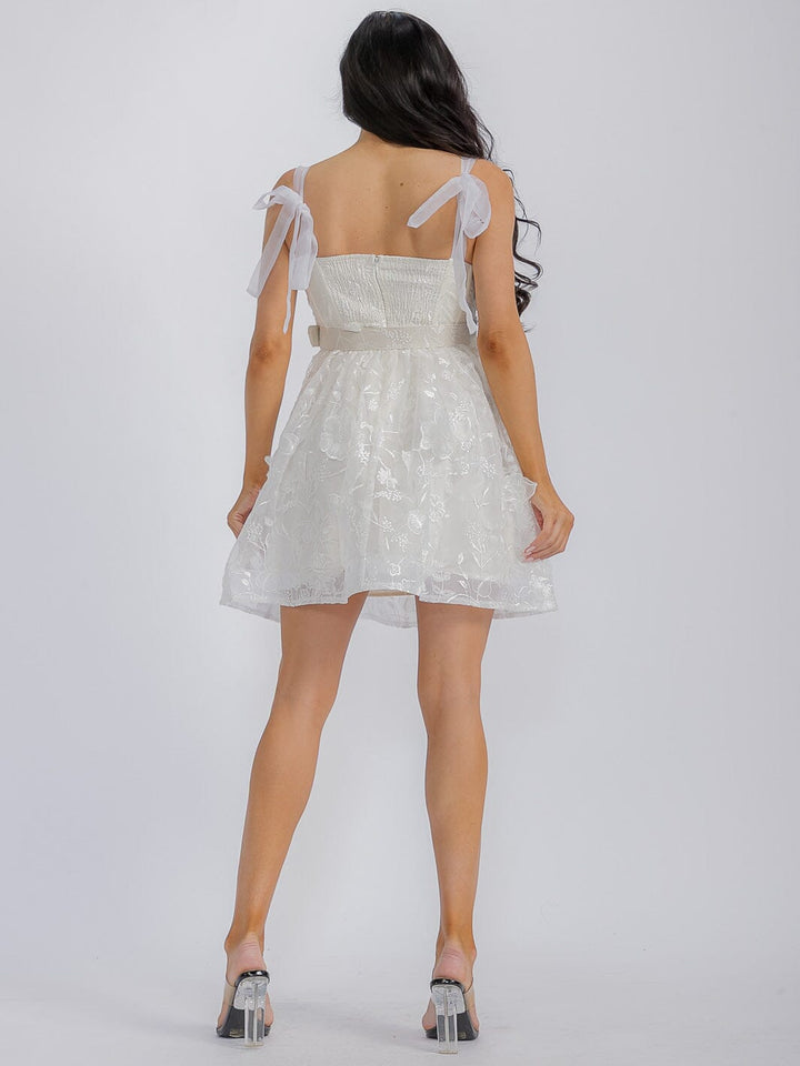 WOMEN'S SLEEVELESS SMOCK BELTED EMBROIDERY FIT & FLARE MINI DRESS