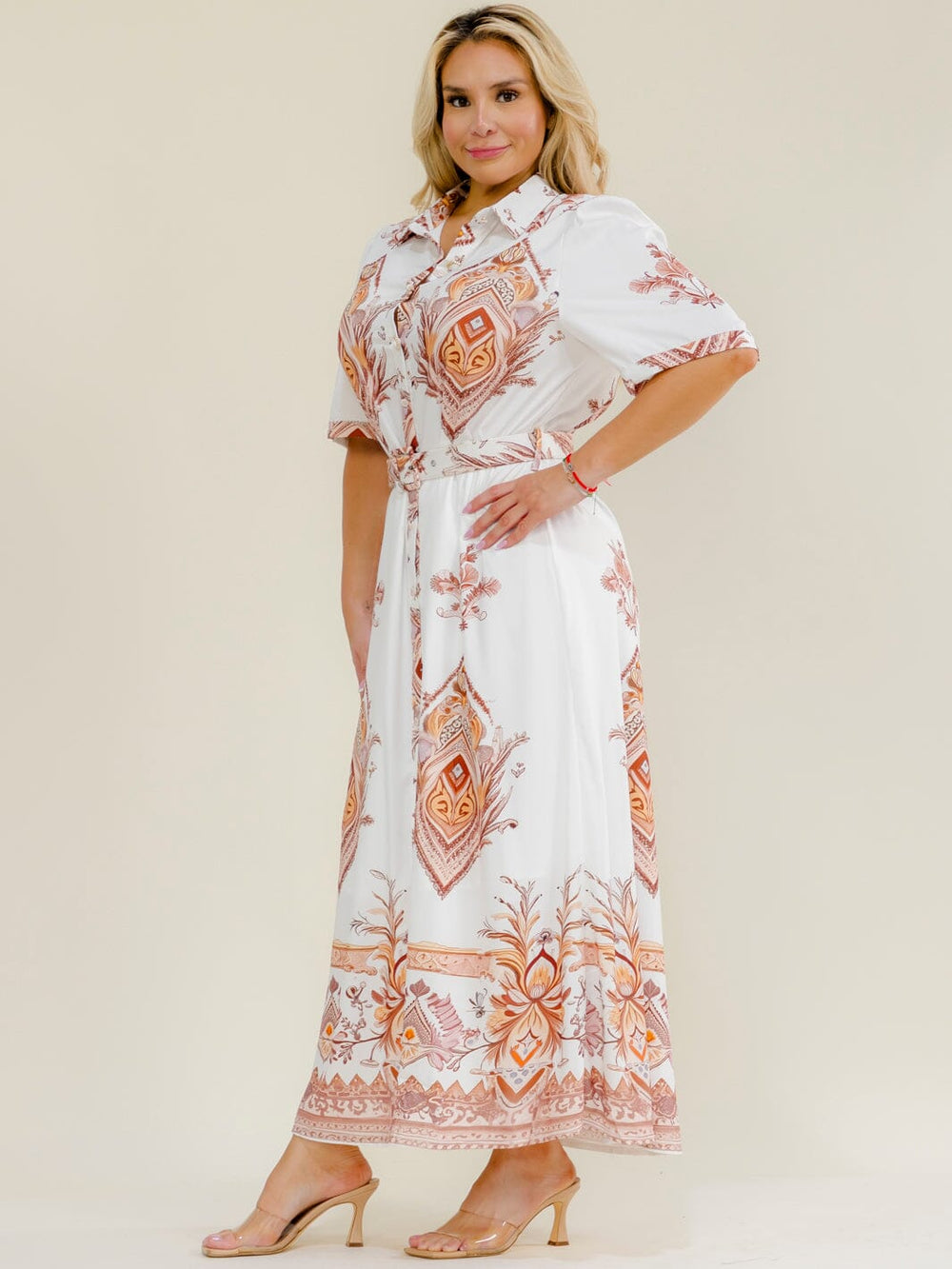 PLUS SIZE SHORT SLEEVE BUTTON UP BELTED MULTI PRINT MAXI DRESS