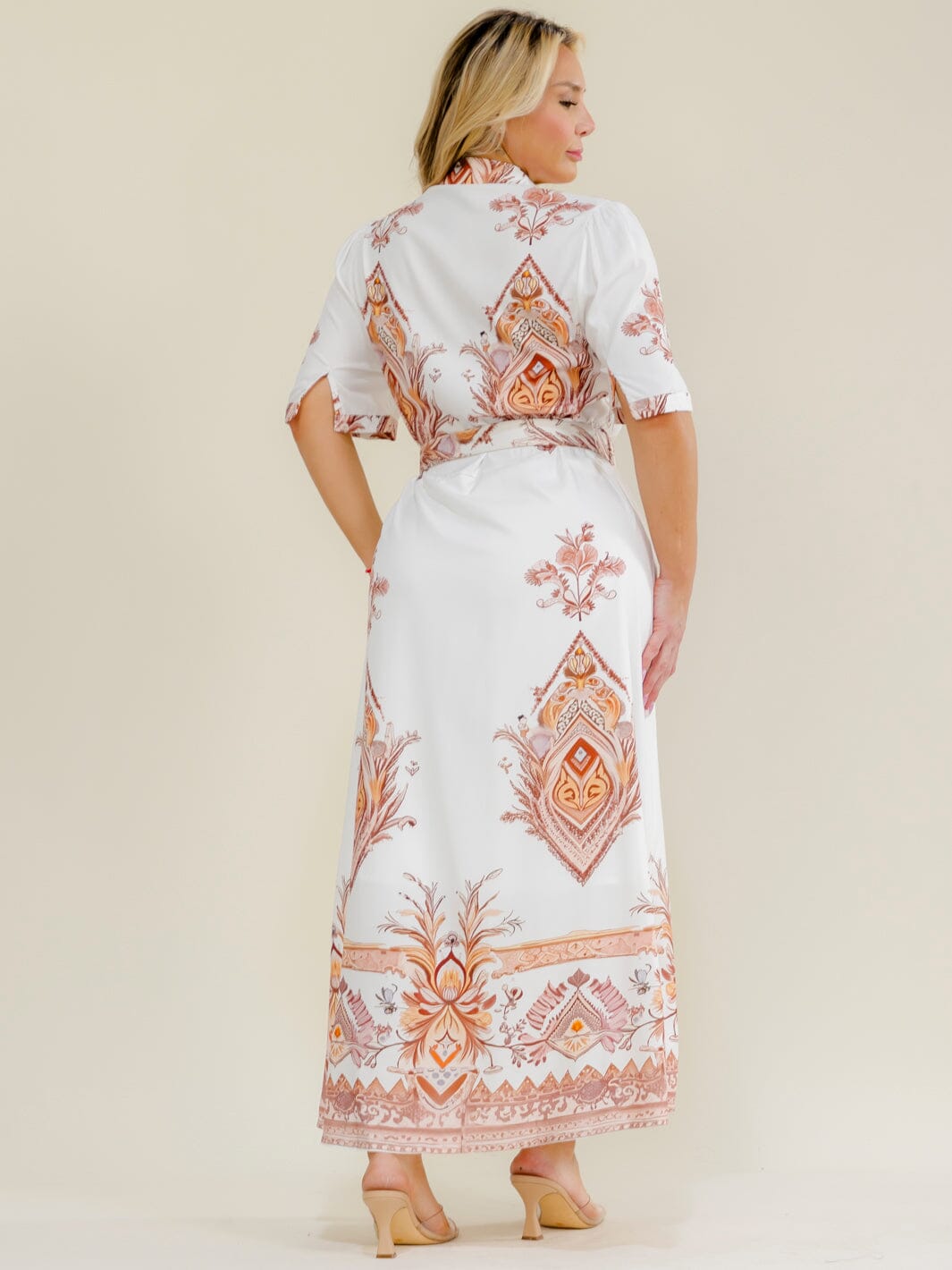PLUS SIZE SHORT SLEEVE BUTTON UP BELTED MULTI PRINT MAXI DRESS