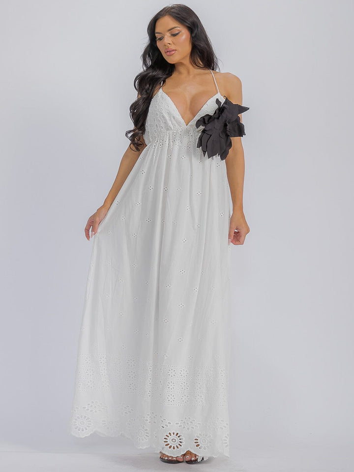 WOMEN'S SLEEVELESS V-NECK OPEN BACK EYELET FLOWER MAXI DRESS