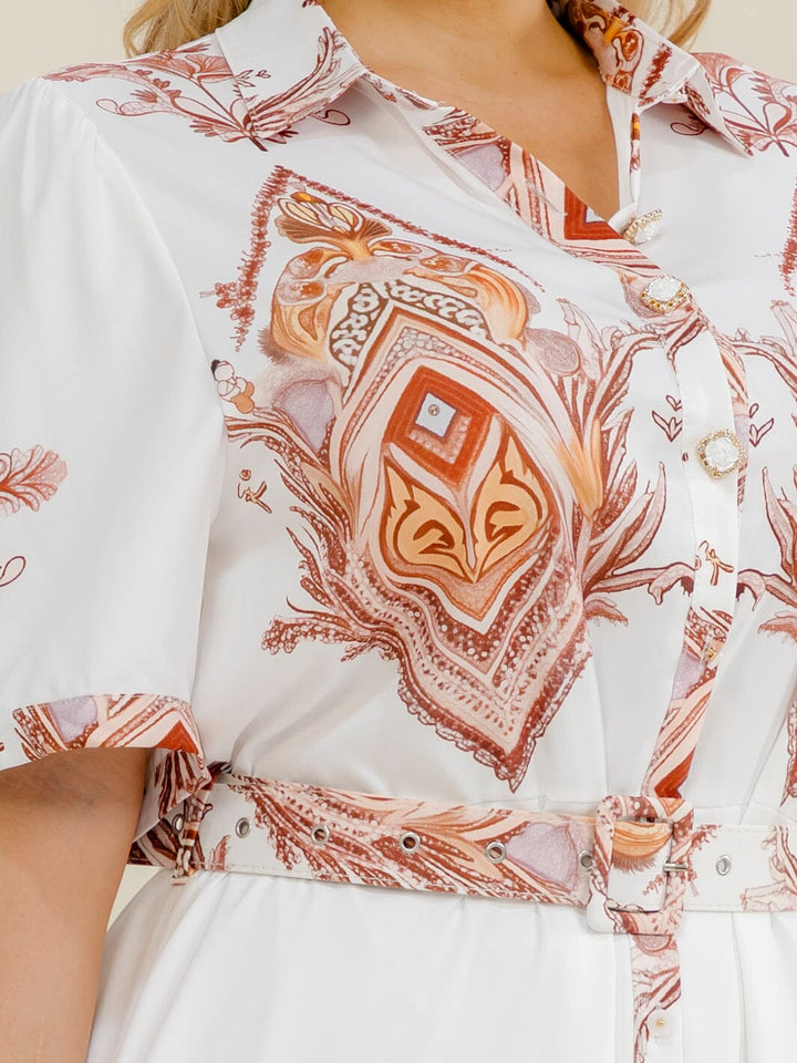 PLUS SIZE SHORT SLEEVE BUTTON UP BELTED MULTI PRINT MAXI DRESS