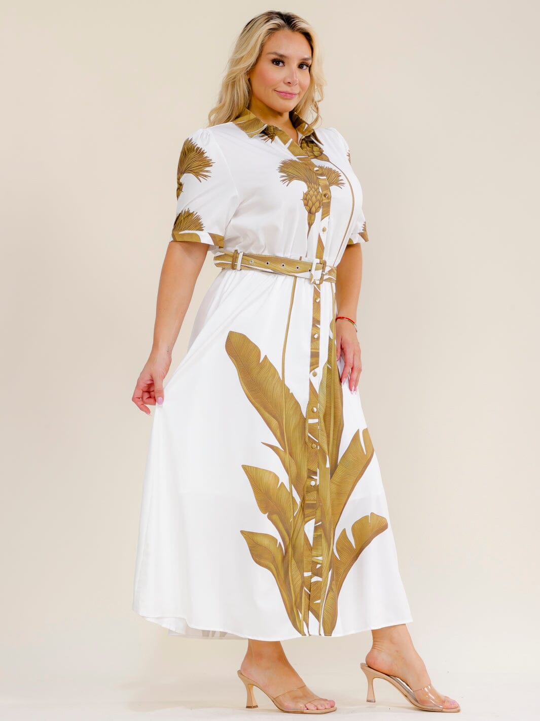 PLUS SIZE SHORT SLEEVE BUTTON UP BELTED MULTI PRINT MAXI DRESS