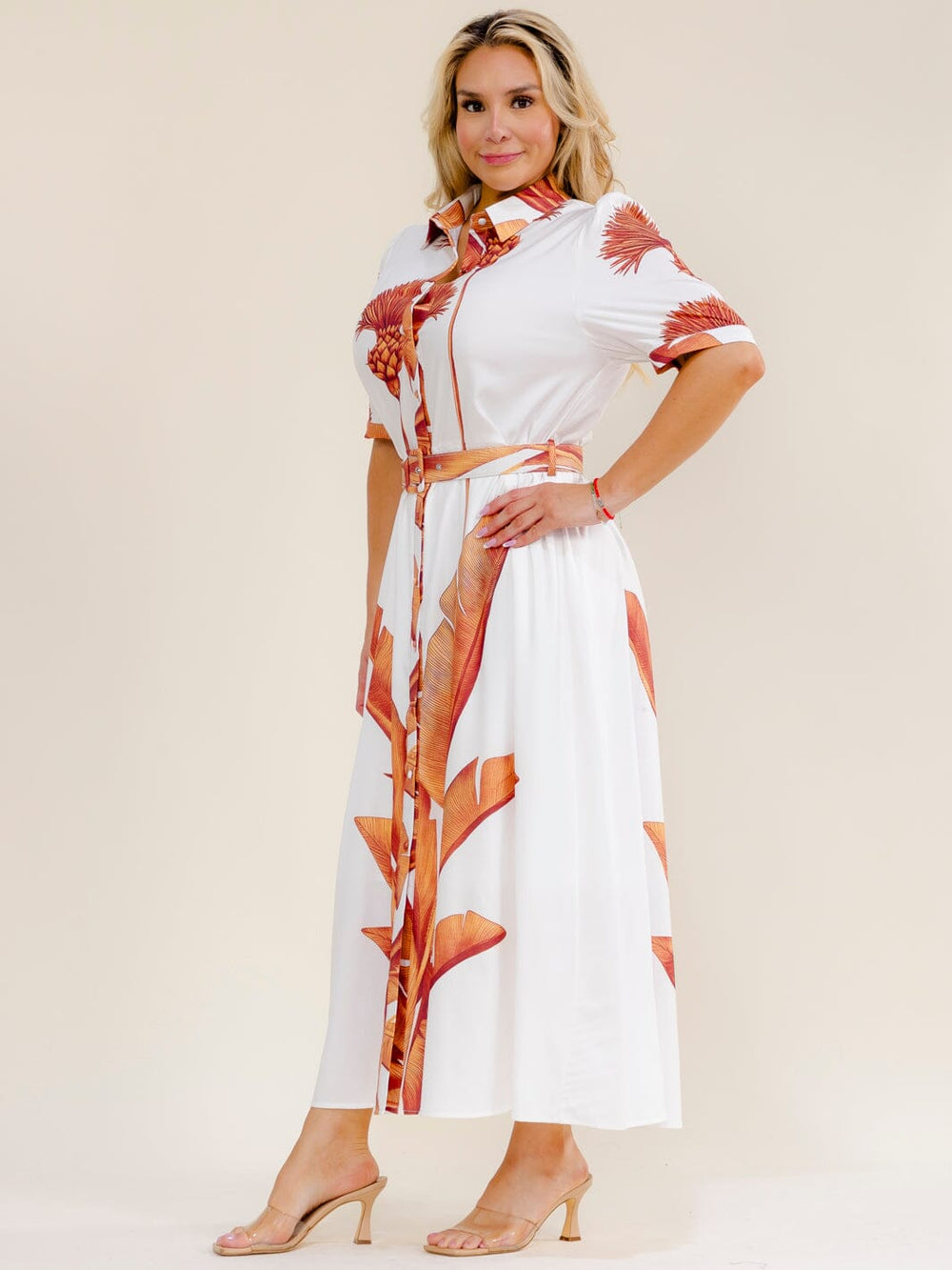 PLUS SIZE SHORT SLEEVE BUTTON UP BELTED MULTI PRINT MAXI DRESS