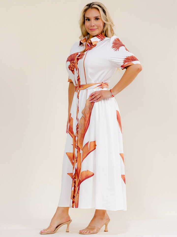 PLUS SIZE SHORT SLEEVE BUTTON UP BELTED MULTI PRINT MAXI DRESS