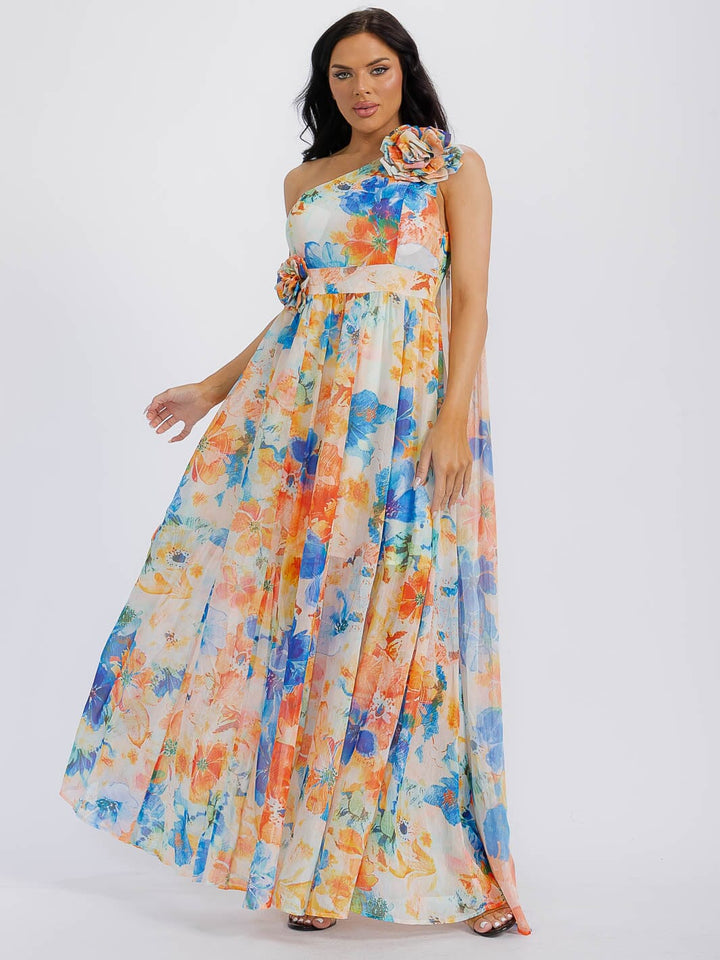 WOMEN'S ONE SHOULDER FLORAL PRINT MAXI DRESS