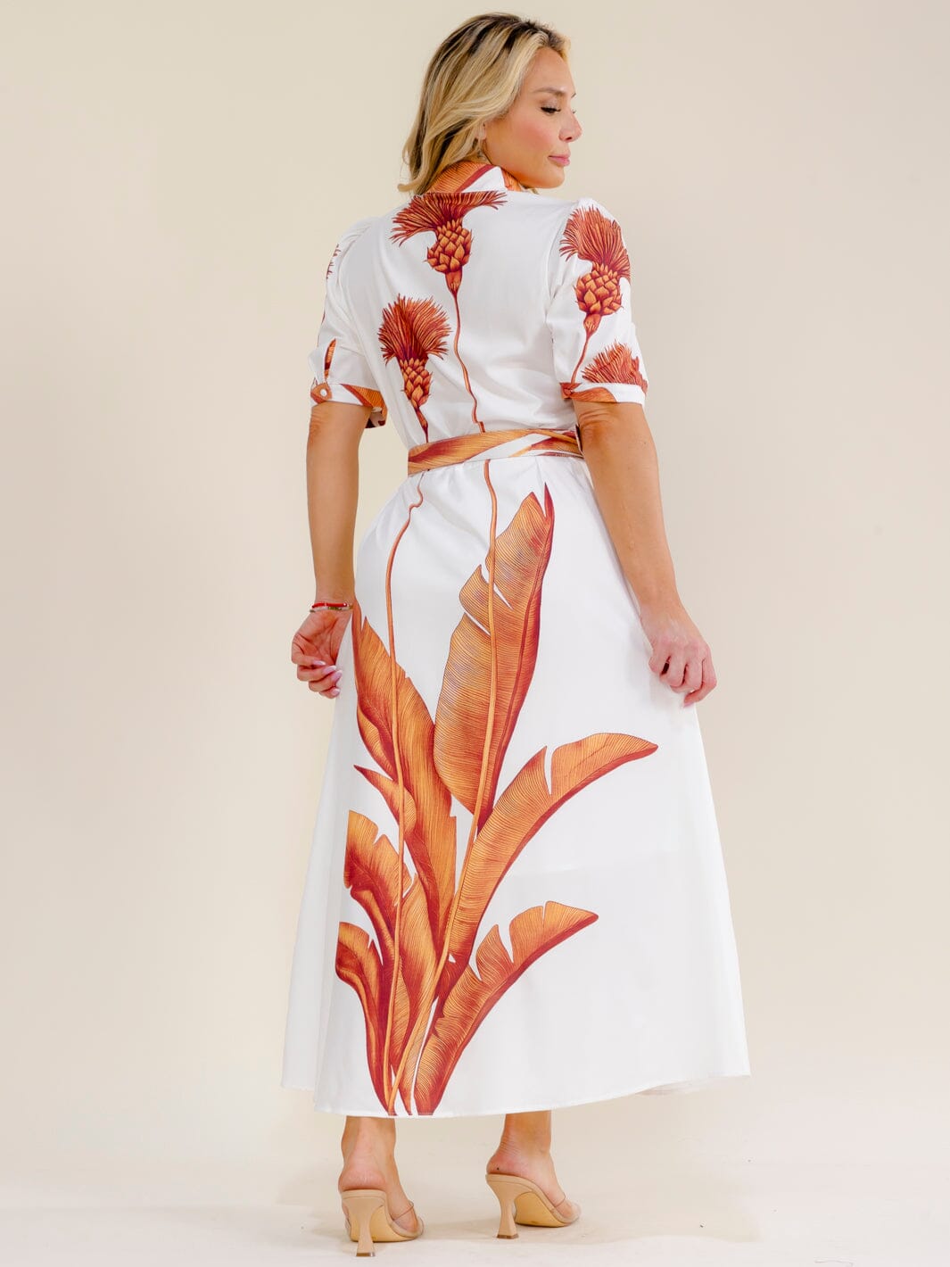PLUS SIZE SHORT SLEEVE BUTTON UP BELTED MULTI PRINT MAXI DRESS