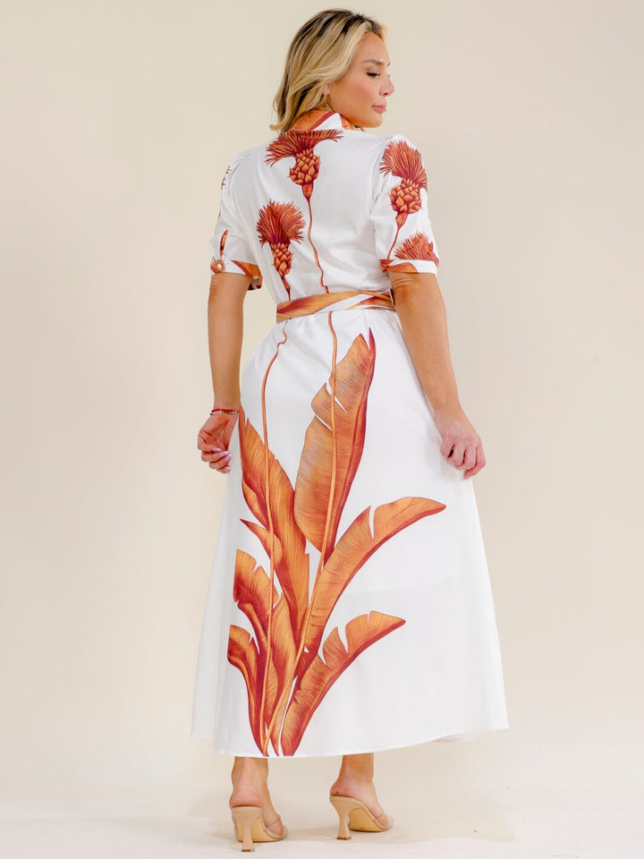 PLUS SIZE SHORT SLEEVE BUTTON UP BELTED MULTI PRINT MAXI DRESS