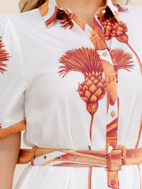 PLUS SIZE SHORT SLEEVE BUTTON UP BELTED MULTI PRINT MAXI DRESS