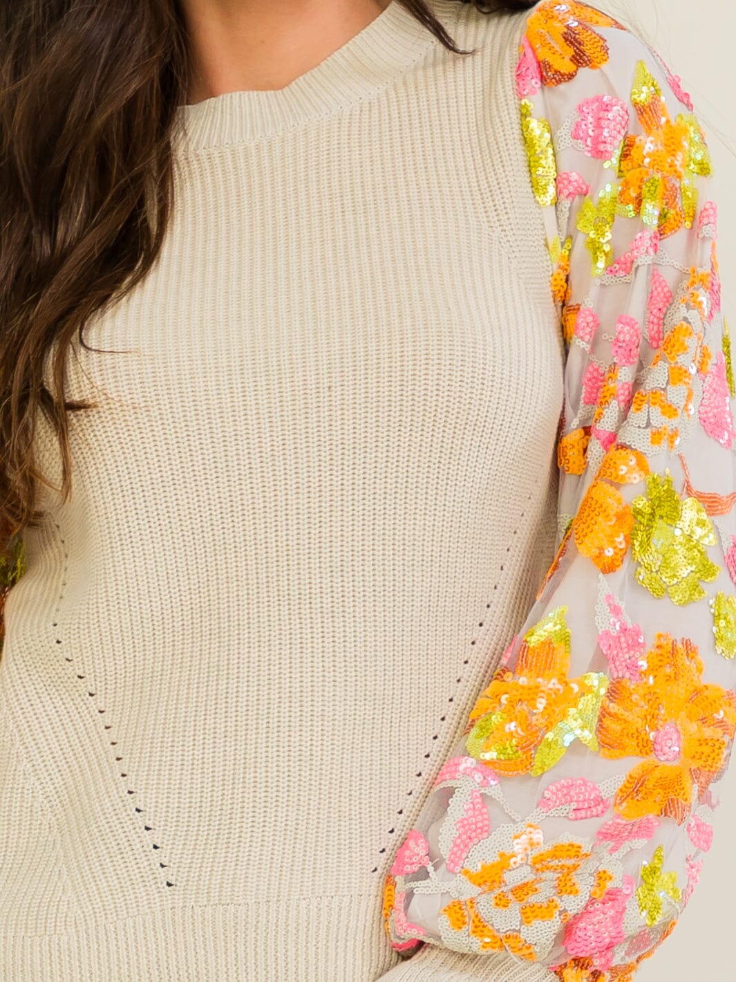 WOMEN'S LONG FLORAL SEQUINS SLEEVE KNIT PULLOVER SWEATER