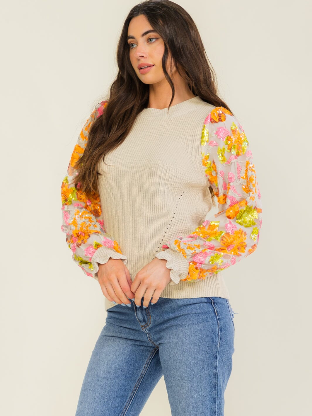 WOMEN'S LONG FLORAL SEQUINS SLEEVE KNIT PULLOVER SWEATER