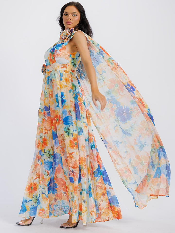 WOMEN'S ONE SHOULDER FLORAL PRINT MAXI DRESS