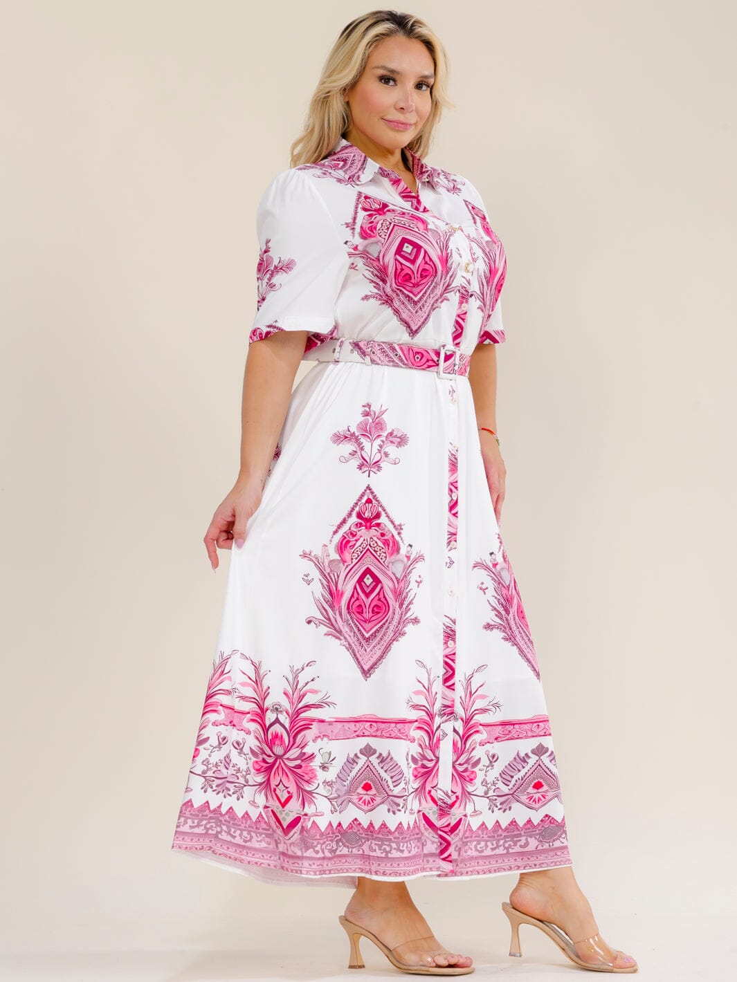 PLUS SIZE SHORT SLEEVE BUTTON UP BELTED MULTI PRINT MAXI DRESS