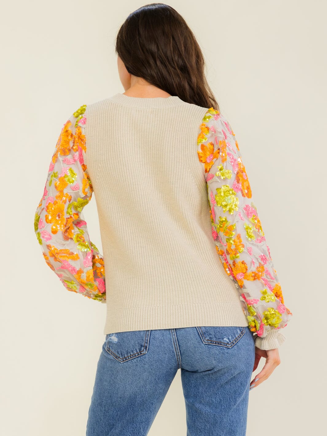 WOMEN'S LONG FLORAL SEQUINS SLEEVE KNIT PULLOVER SWEATER