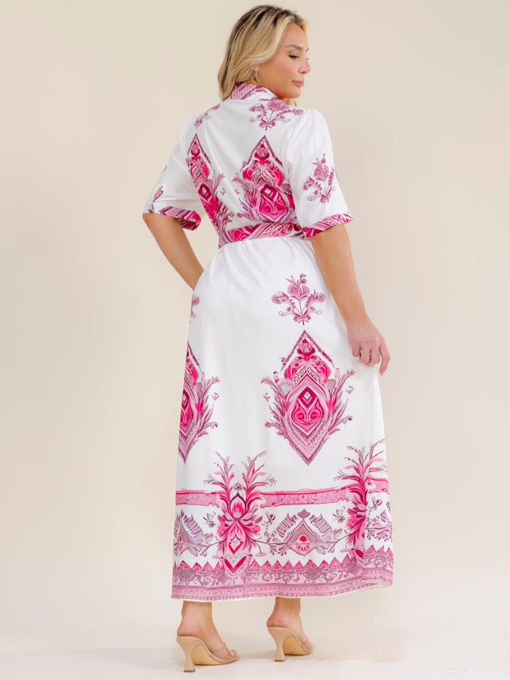 PLUS SIZE SHORT SLEEVE BUTTON UP BELTED MULTI PRINT MAXI DRESS