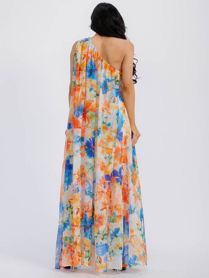 WOMEN'S ONE SHOULDER FLORAL PRINT MAXI DRESS