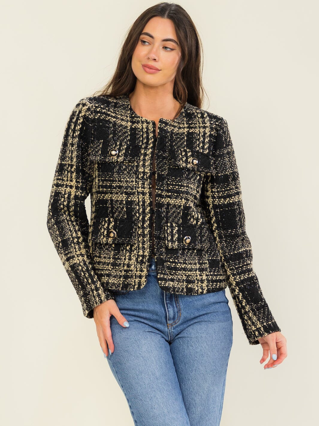 WOMEN'S LONG SLEEVE BUTTON CLOSURE FRONT POCKETS TWEED BLAZER