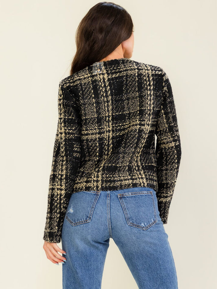 WOMEN'S LONG SLEEVE BUTTON CLOSURE FRONT POCKETS TWEED BLAZER