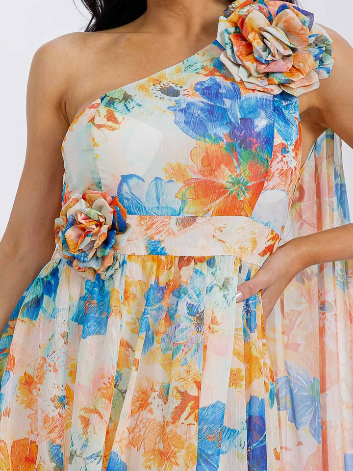 WOMEN'S ONE SHOULDER FLORAL PRINT MAXI DRESS