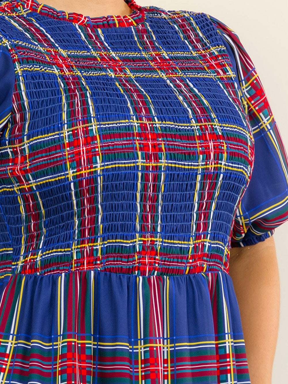 PLUS SIZE SHORT SLEEVE SMOCK PLAID TIERED MAXI DRESS