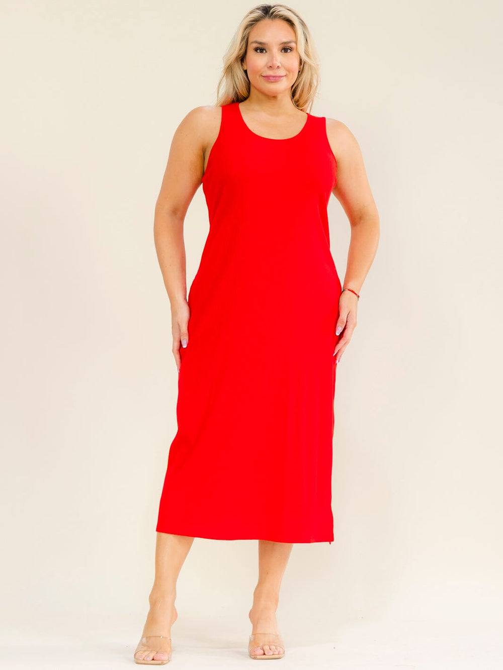 PLUS SIZE SLEEVELESS SIDE SLIT RIBBED MAXI DRESS