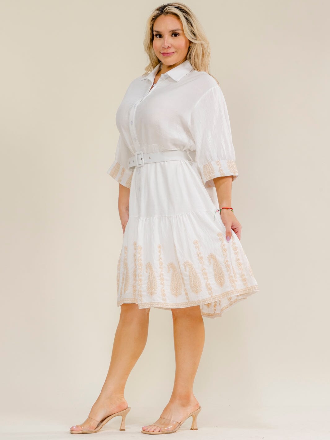 PLUS SIZE SHORT SLEEVE BUTTON UP BELTED EMBROIDERY MIDI DRESS