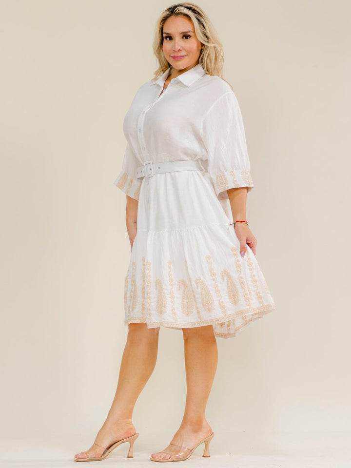 PLUS SIZE SHORT SLEEVE BUTTON UP BELTED EMBROIDERY MIDI DRESS