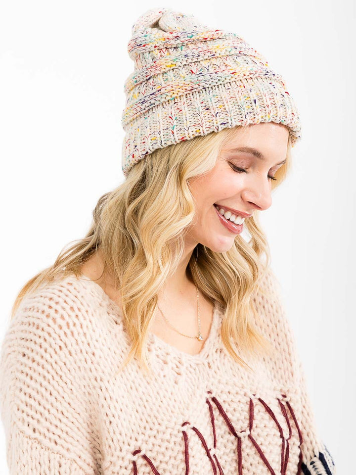 FASHION MULTI PRINT KNITTED PONY TAIL BEANIE
