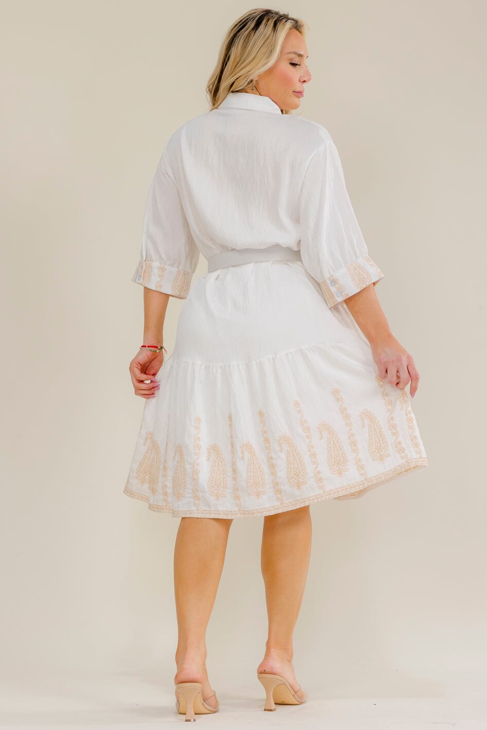 PLUS SIZE SHORT SLEEVE BUTTON UP BELTED EMBROIDERY MIDI DRESS