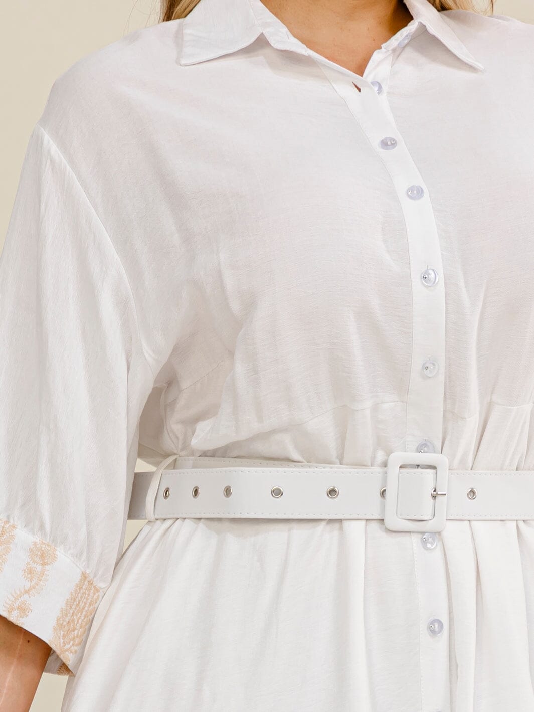 PLUS SIZE SHORT SLEEVE BUTTON UP BELTED EMBROIDERY MIDI DRESS