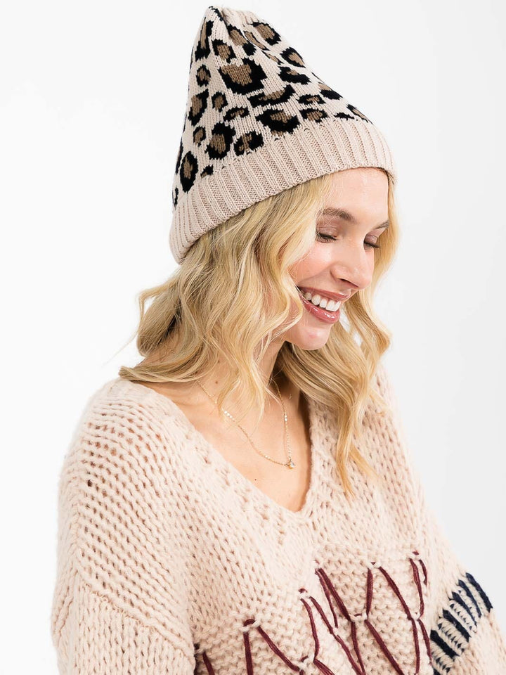 FASHION ANIMAL PRINT KNITTED PONY TAIL BEANIE