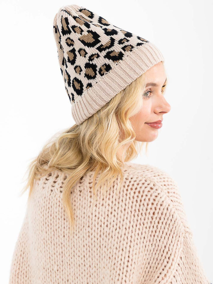 FASHION ANIMAL PRINT KNITTED PONY TAIL BEANIE