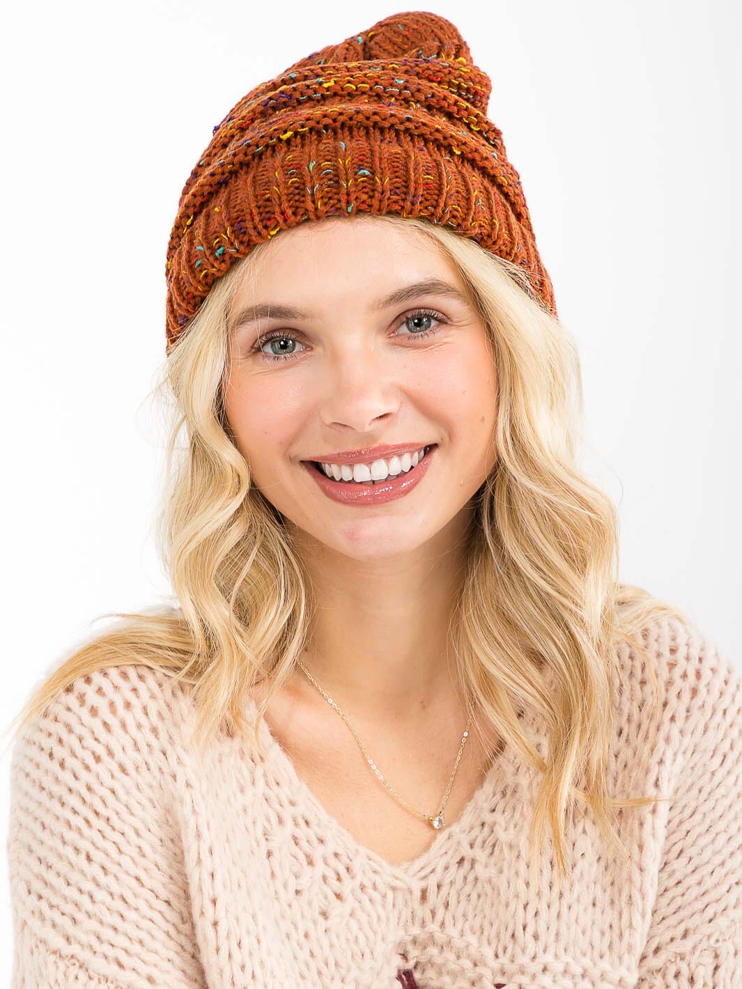 FASHION MULTI PRINT KNITTED PONY TAIL BEANIE