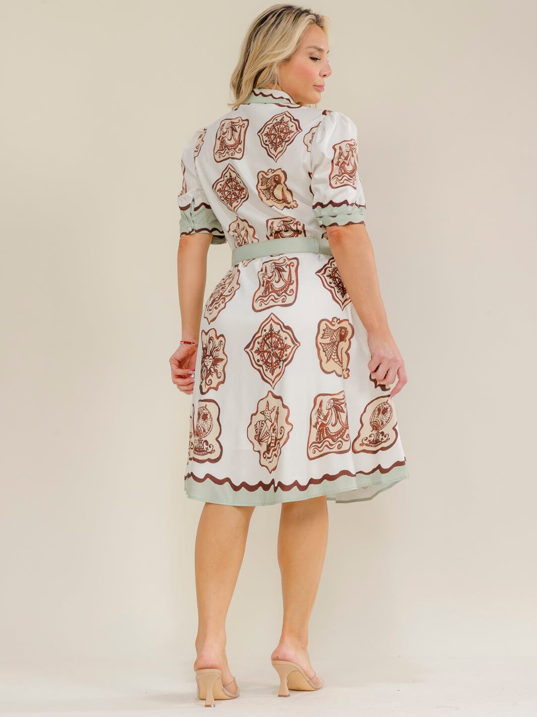 PLUS SIZE SHORT SLEEVE BUTTON UP BELTED MULTI PRINT MIDI DRESS